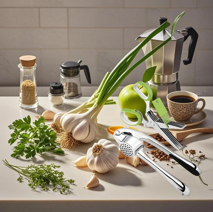 Stainless Steel Garlic Press & Herb Scissors Set