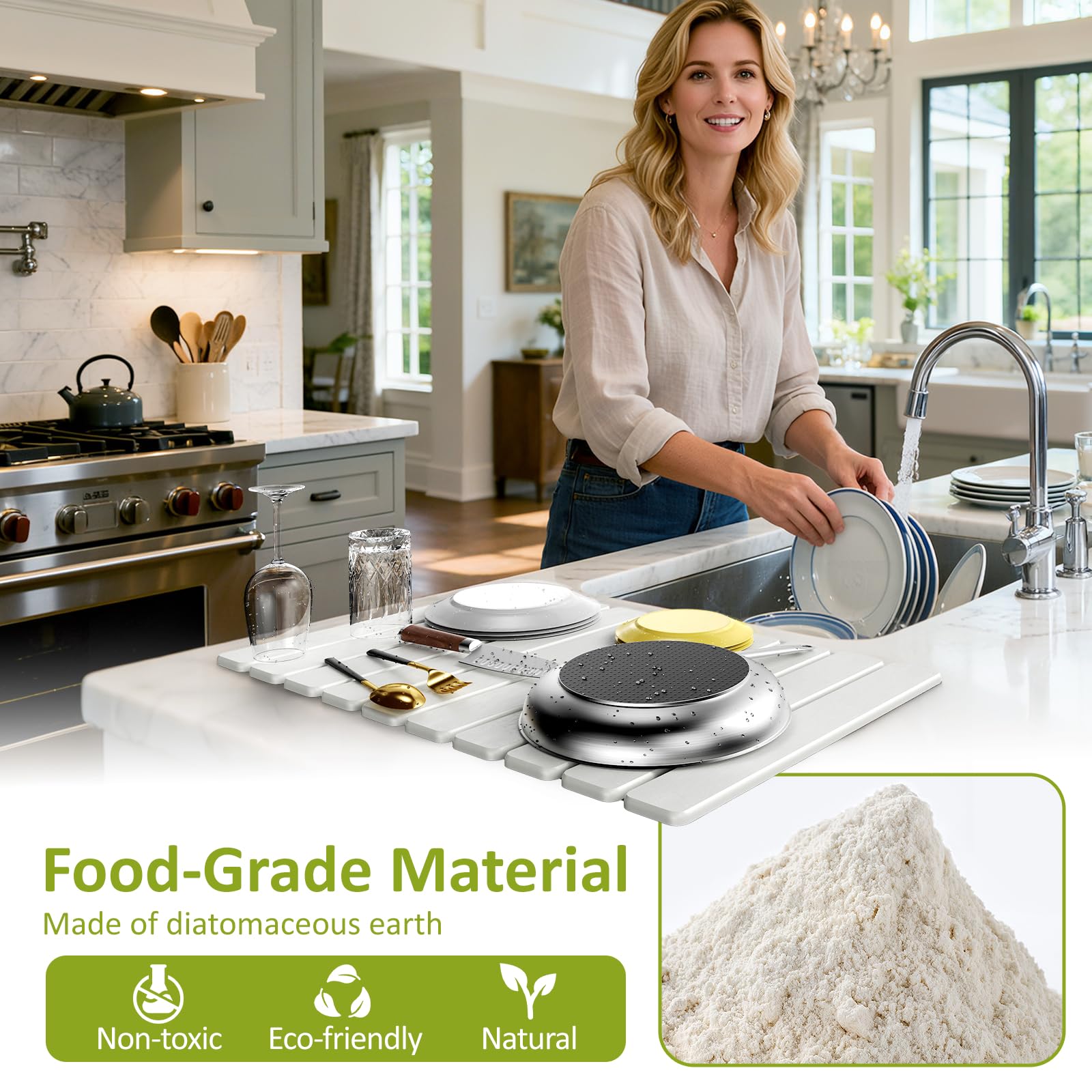 Collapsible Stone Drying Mat for Kitchen Counter, White