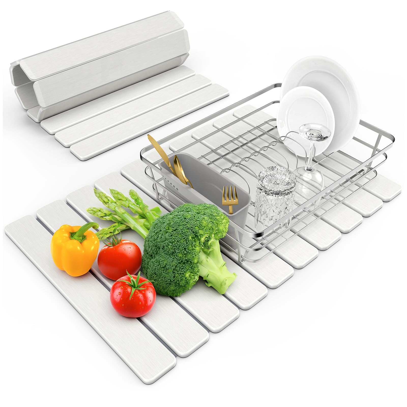 Collapsible Stone Drying Mat for Kitchen Counter, White