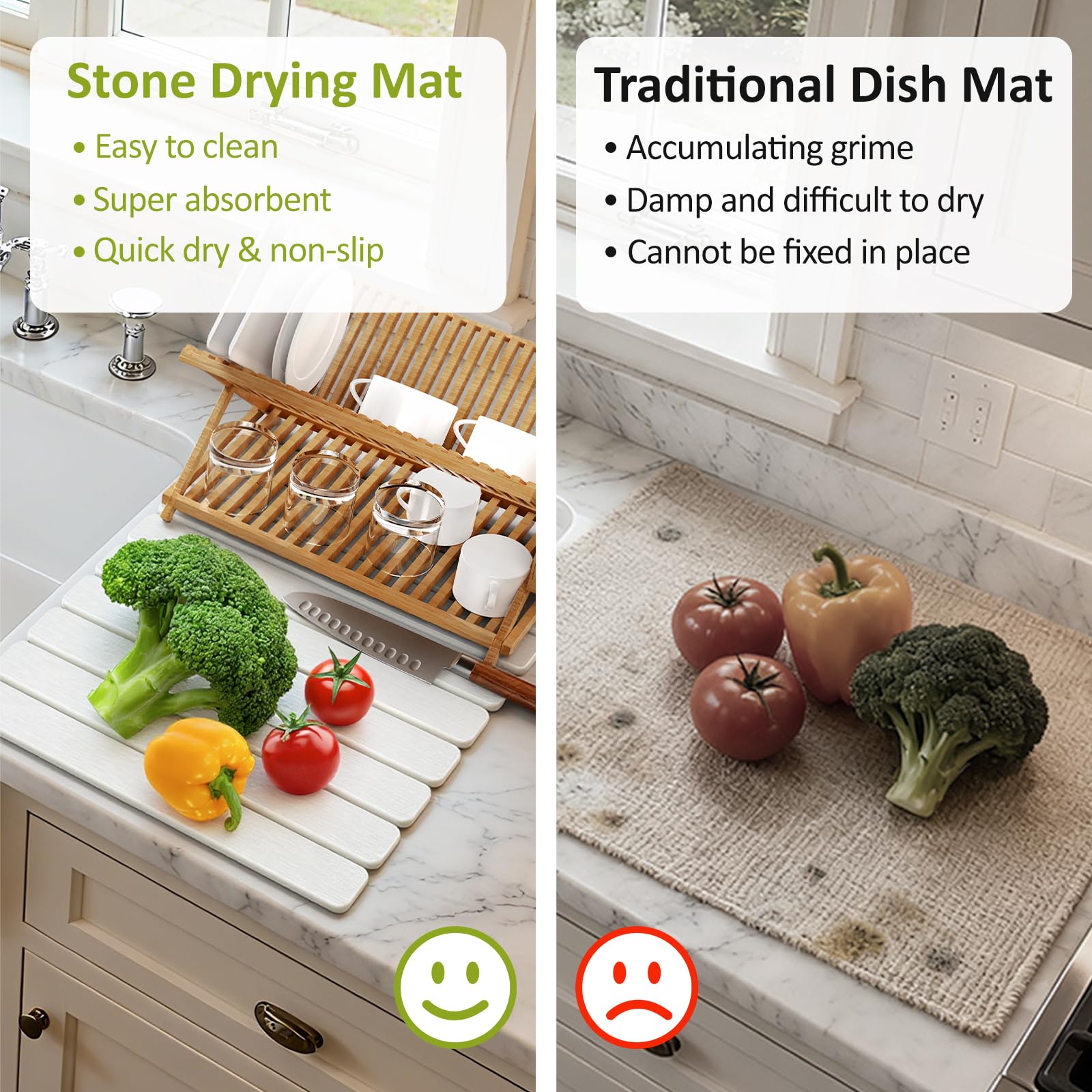 Collapsible Stone Drying Mat for Kitchen Counter, White